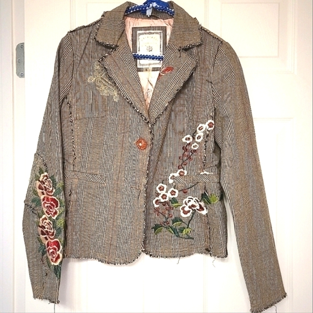 Paparazzi Y2K Blazer Boho Floral Embroidered Tweed Plaid Striped Button Front